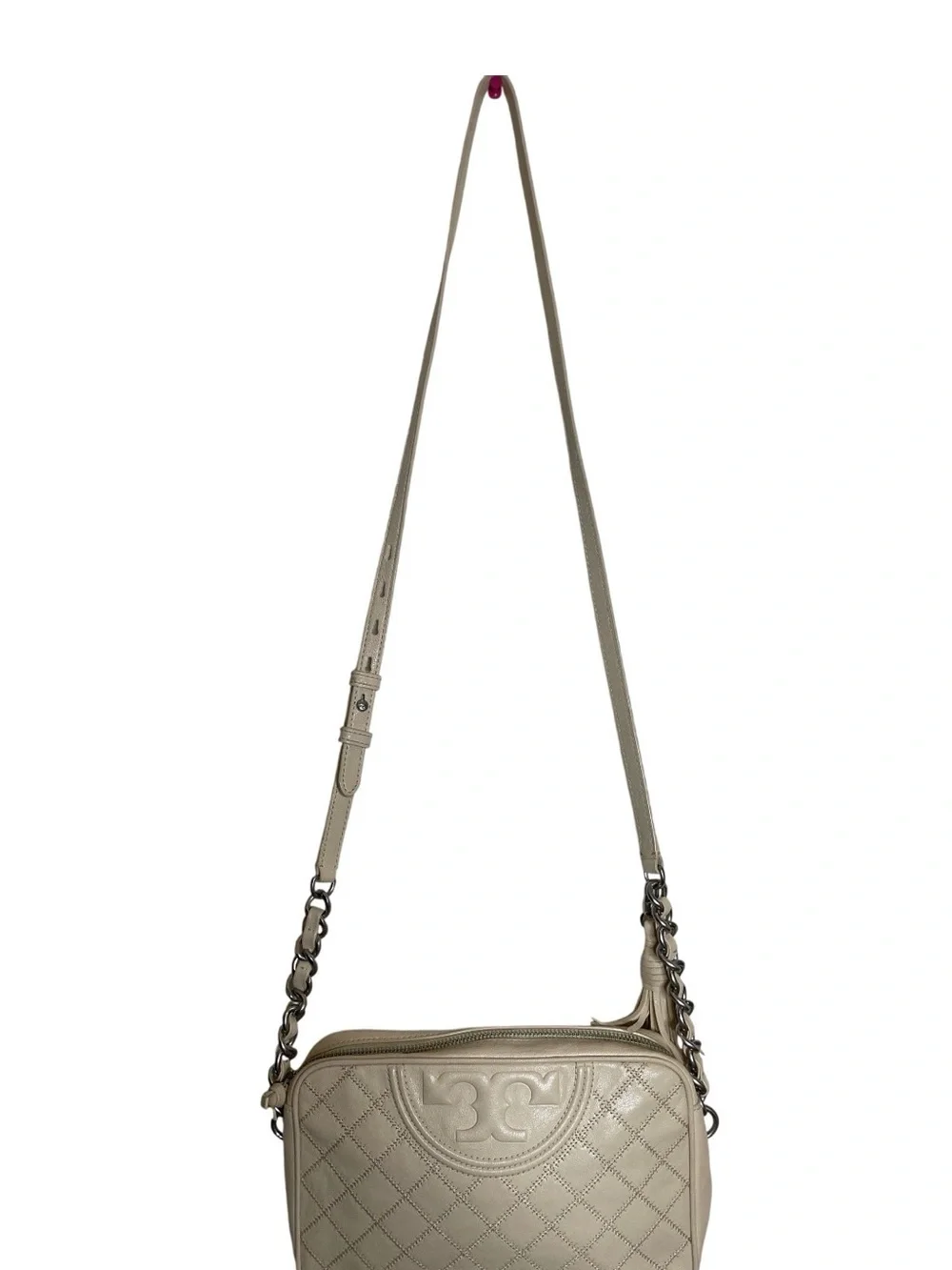 Tory Burch Fleming Camera Beige Quilted Logo Crossbody Bag